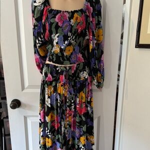 Rachel Zoe Black Floral Smocked Maxi Dress with Pink, Purple & Yellow Blooms